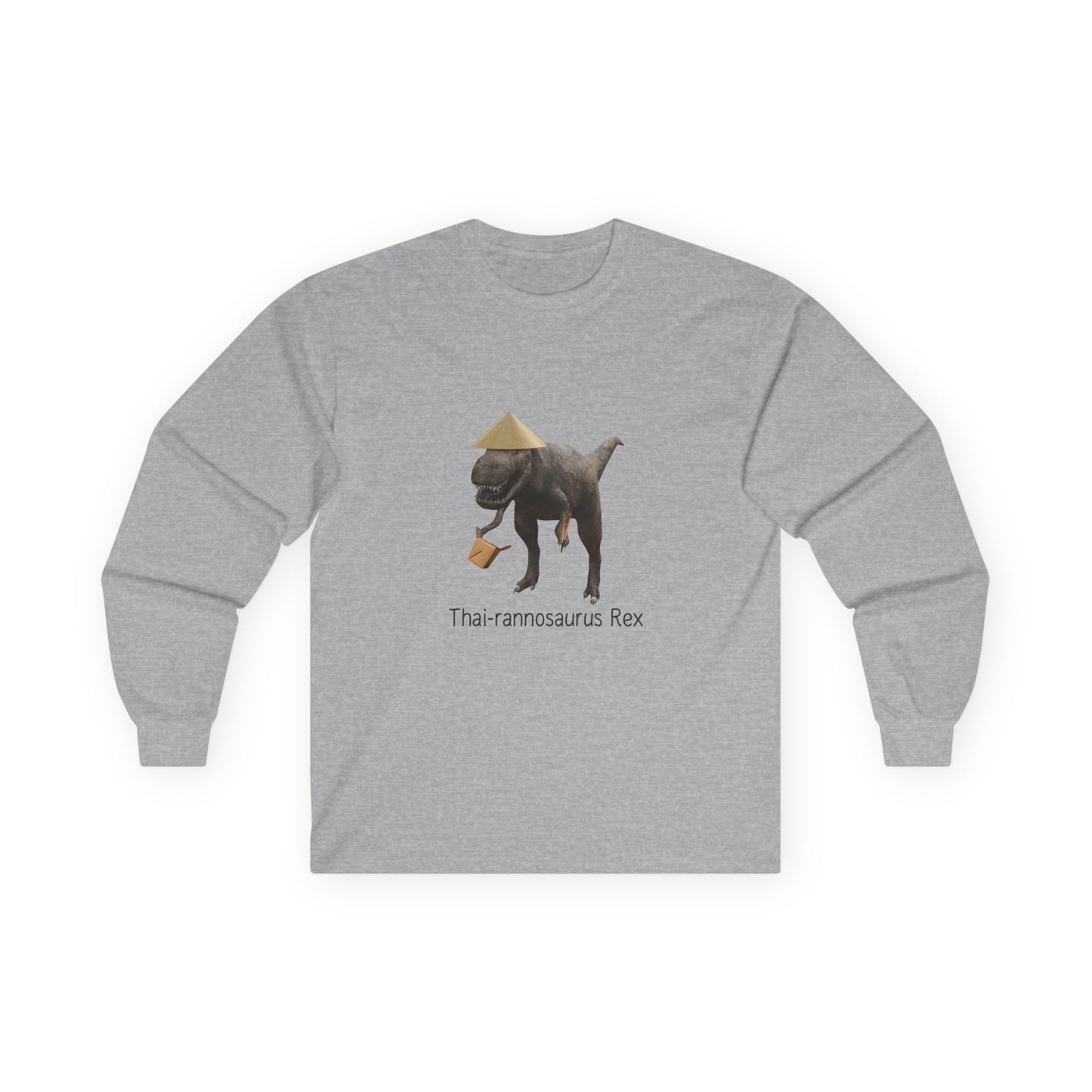 Ash T-shirt of a T-Rex dinosaur wearing a traditional conical Thai rice hat, holding wooden chopsticks and a white Thai food takeout box
