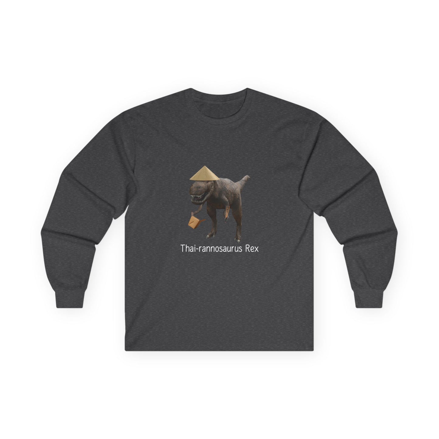 Dark heather shirt of a T-Rex dinosaur wearing a traditional conical Thai rice hat, holding wooden chopsticks and a white Thai food takeout box.