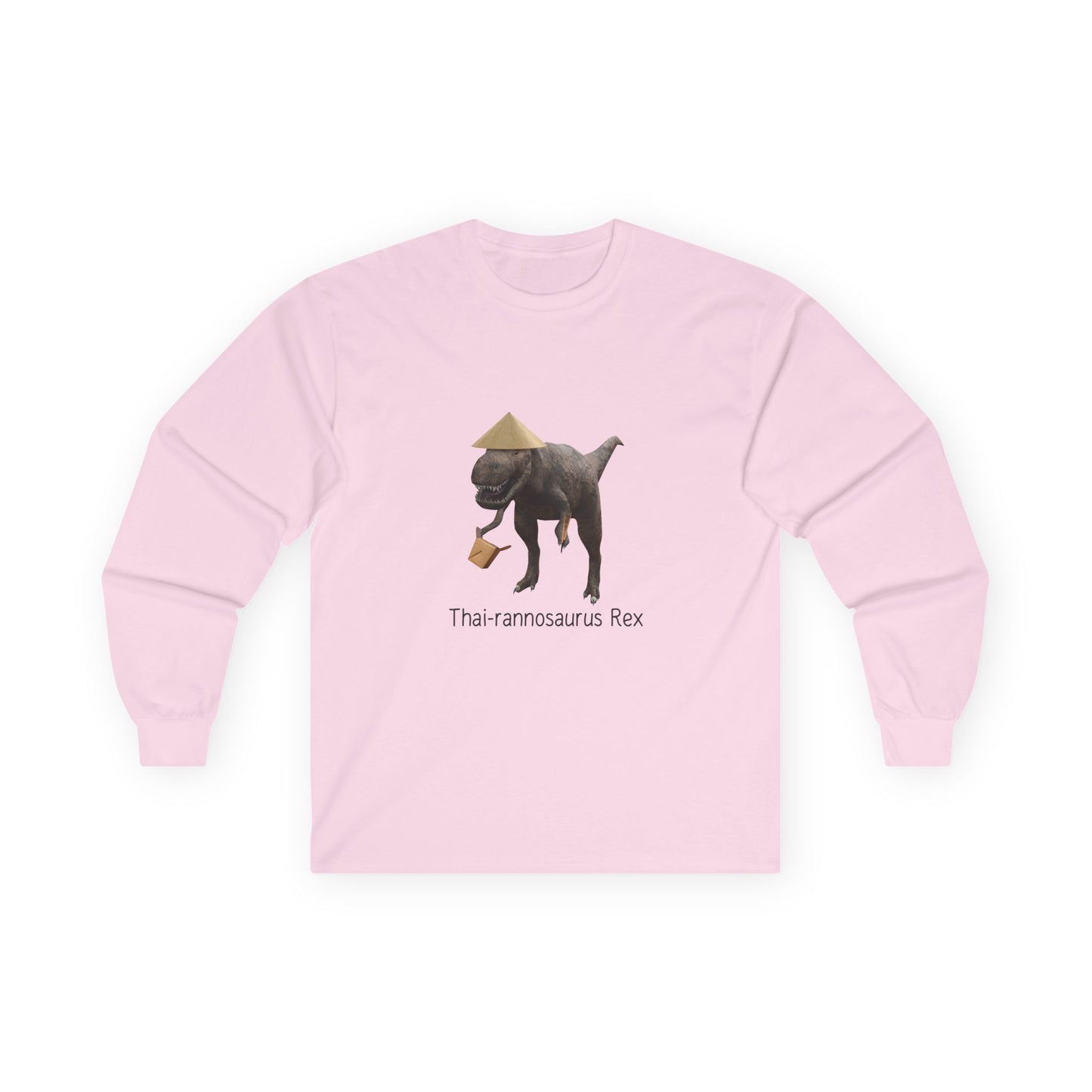 Light pink shirt of a T-Rex dinosaur wearing a traditional conical Thai rice hat, holding wooden chopsticks and a white Thai food takeout box.