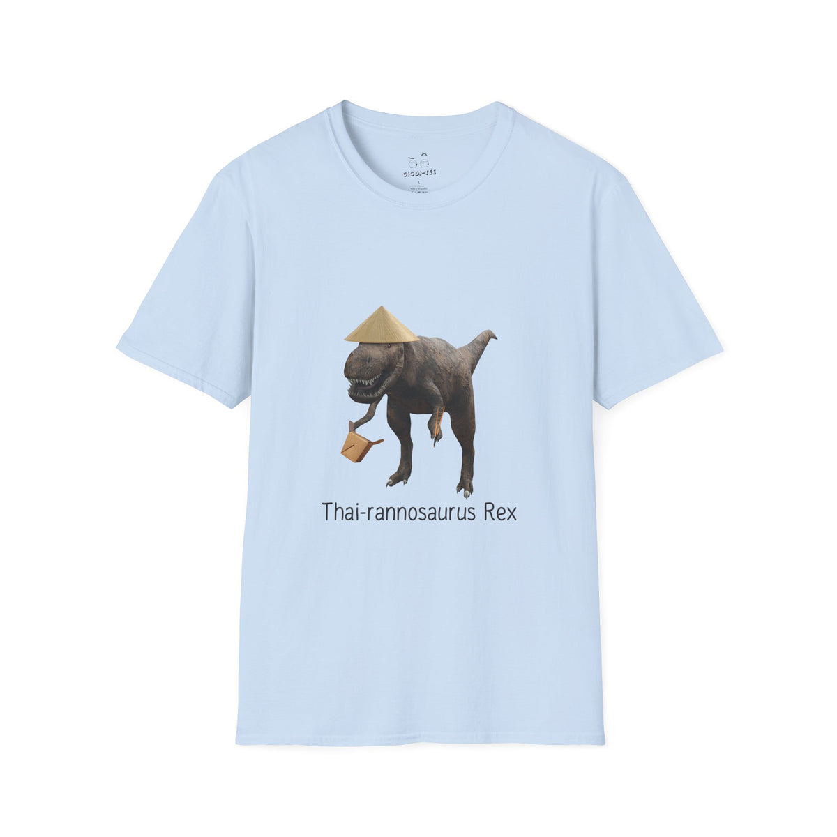Light blue shirt with a T-Rex dinosaur wearing a traditional conical Thai rice hat, holding wooden chopsticks and a white Thai food takeout box.
