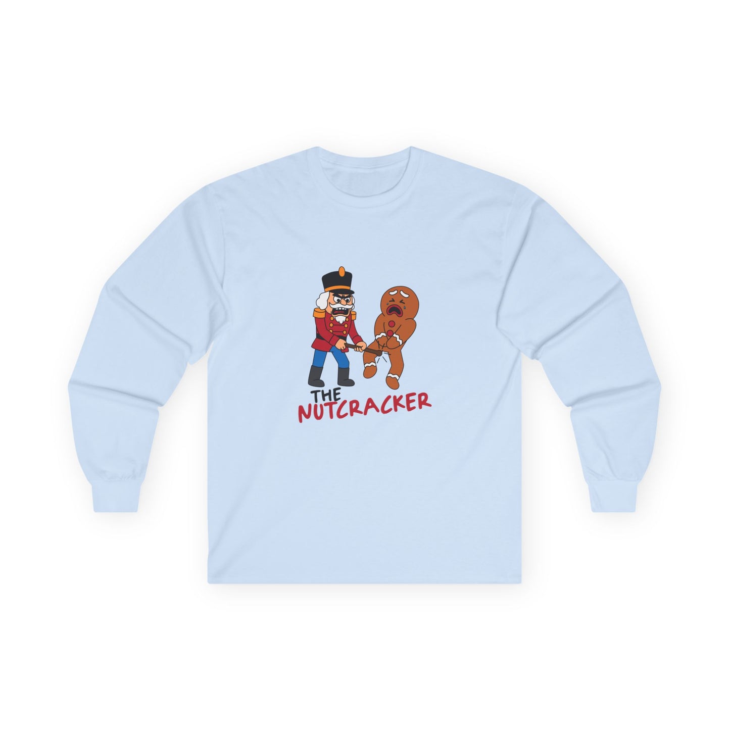 Cartoon nutcracker hitting a gingerbread man in the nuts with a baton, funny Christmas pun illustration.