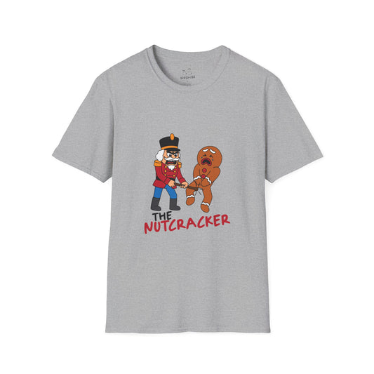 Cartoon nutcracker hitting a gingerbread man in the nuts with a baton, funny Christmas pun illustration shirt design the nutcracker