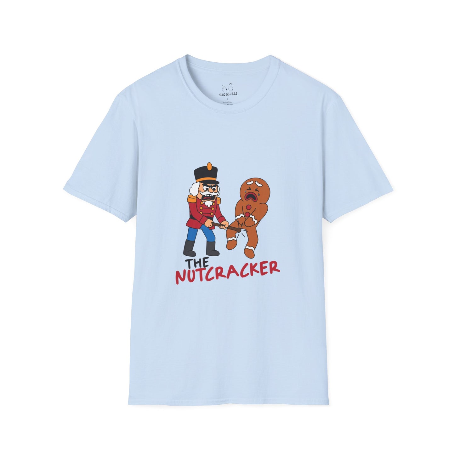 Cartoon nutcracker hitting a gingerbread man in the nuts with a baton, funny Christmas pun illustration.