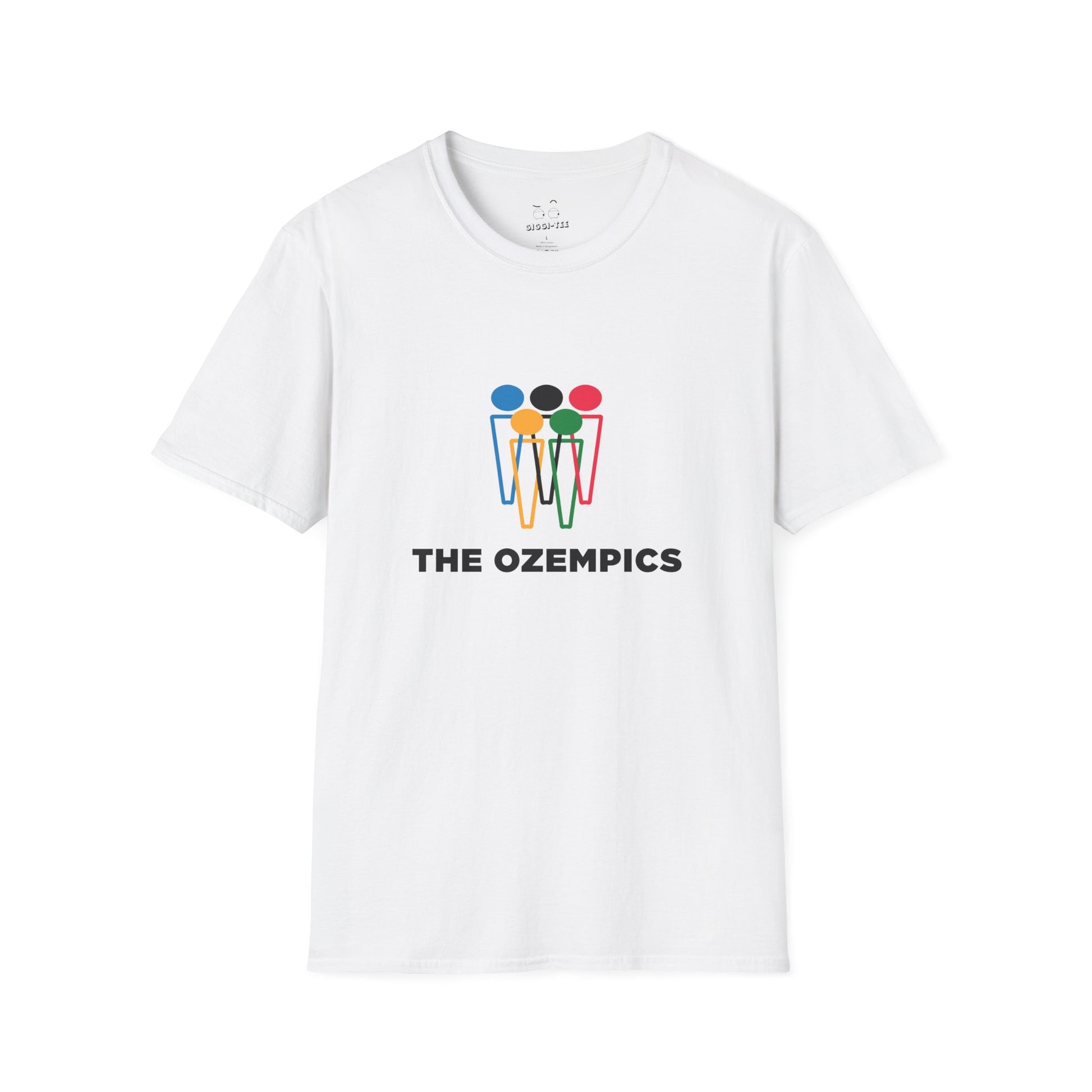 Parody graphic shirt reading “The Ozempics” with six Ozempic-style “i” shapes arranged like the Olympic logo in blue, yellow, green, red, and black.