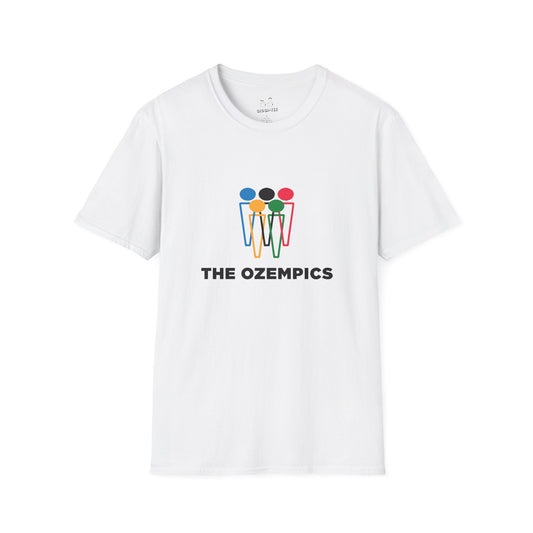 Parody graphic reading “The Ozempics” with six Ozempic-style “i” shapes arranged like the Olympic logo in blue, yellow, green, red, and black.