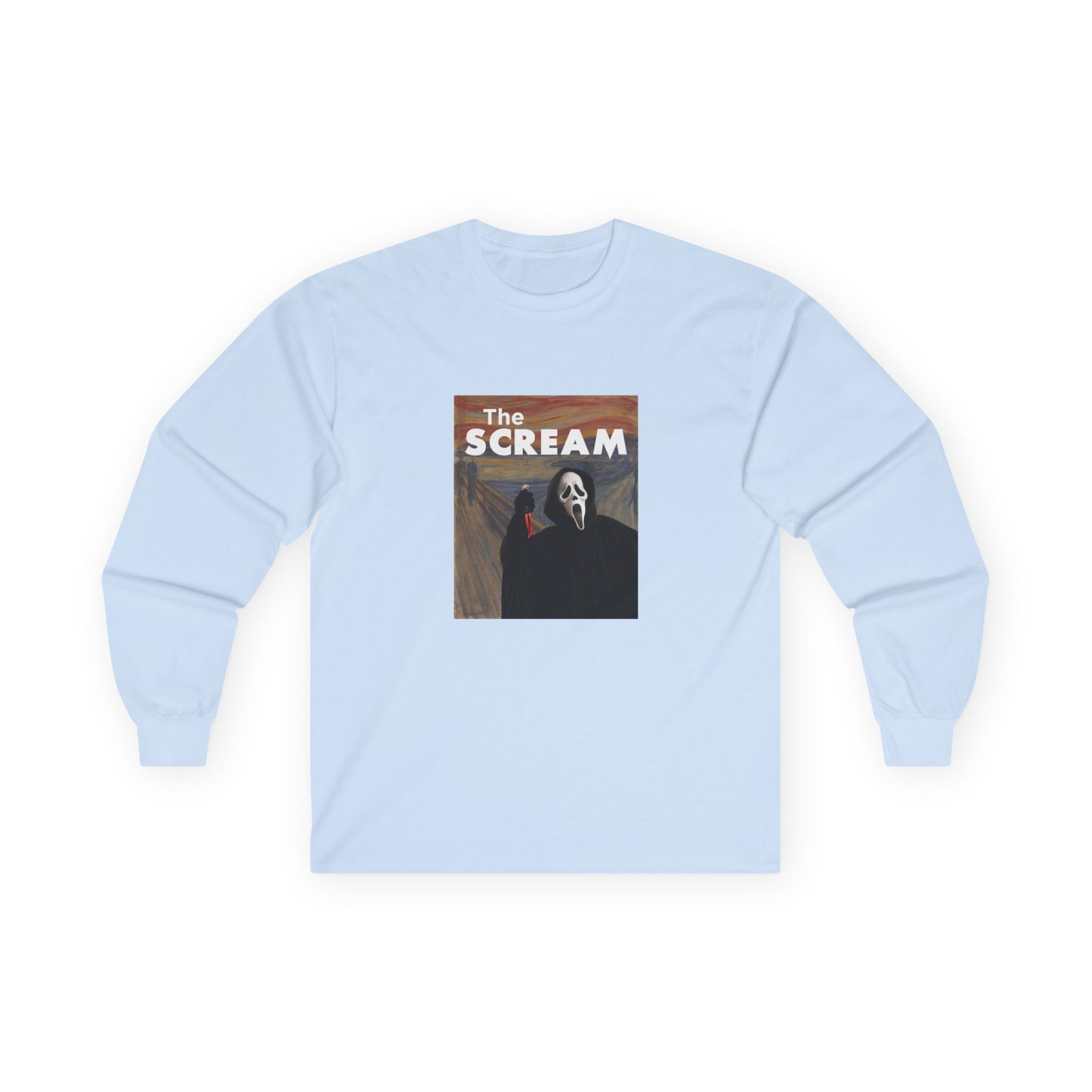 Ghostface holding a bloody knife inside Edvard Munch’s The Scream painting, parody art printed t-shirt.