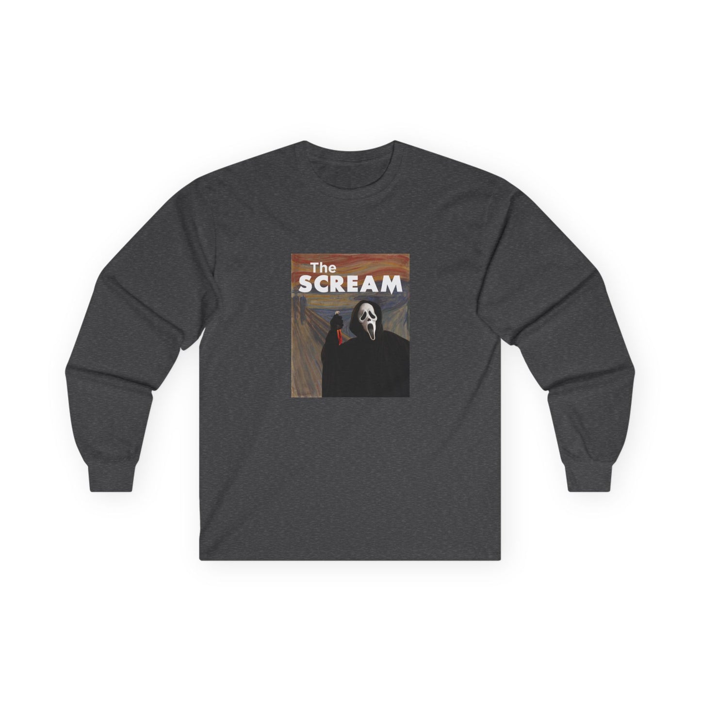 Ghostface holding a bloody knife inside Edvard Munch’s The Scream painting, parody art printed t-shirt.