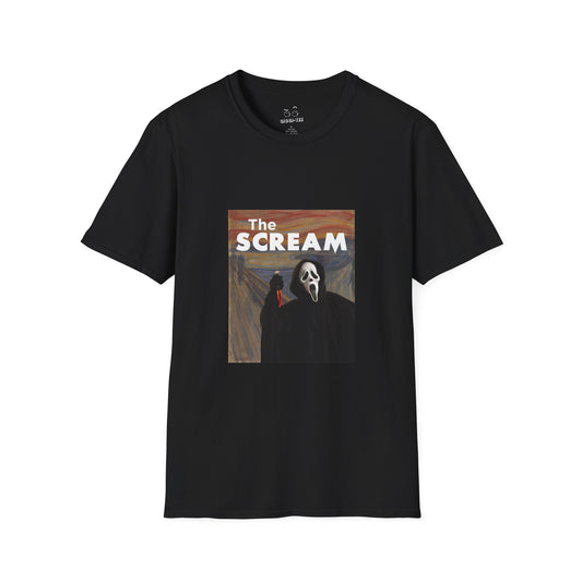 Ghostface holding a bloody knife inside Edvard Munch’s The Scream painting, parody art printed t-shirt.