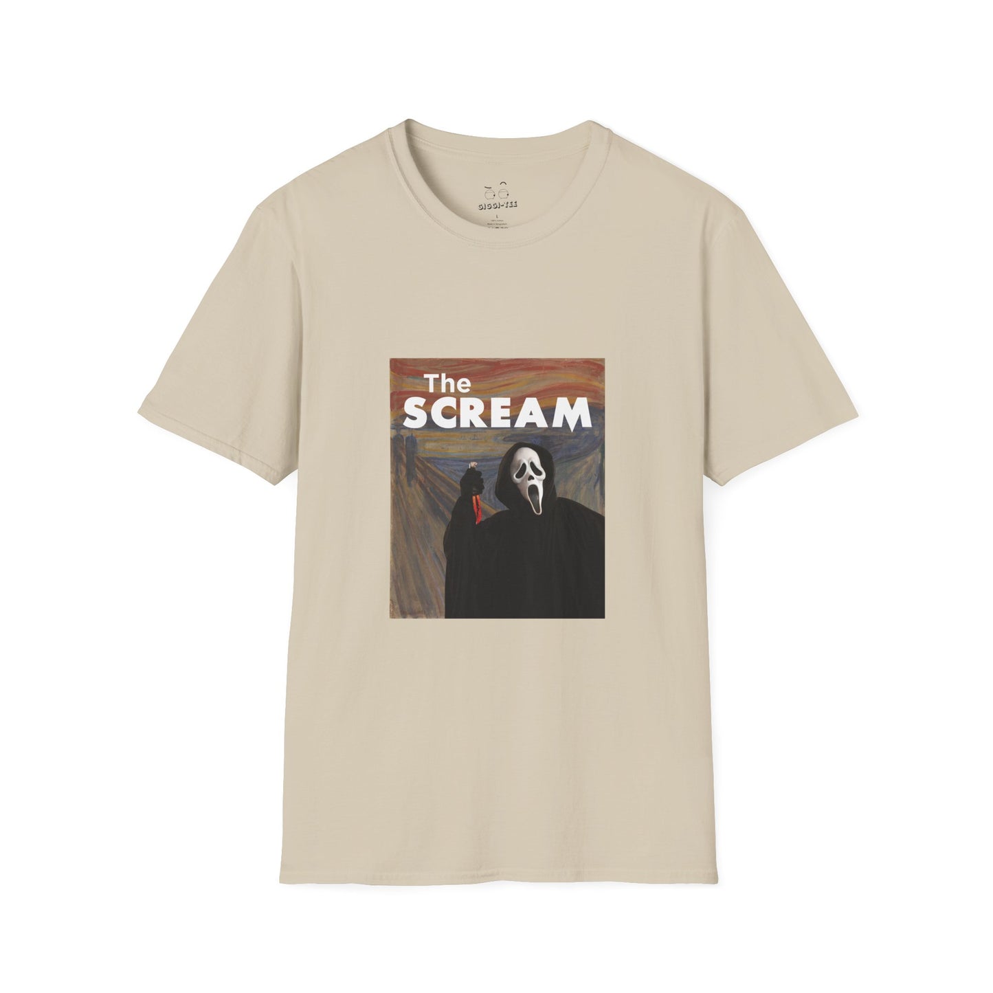 Ghostface holding a bloody knife inside Edvard Munch’s The Scream painting, parody art printed t-shirt.