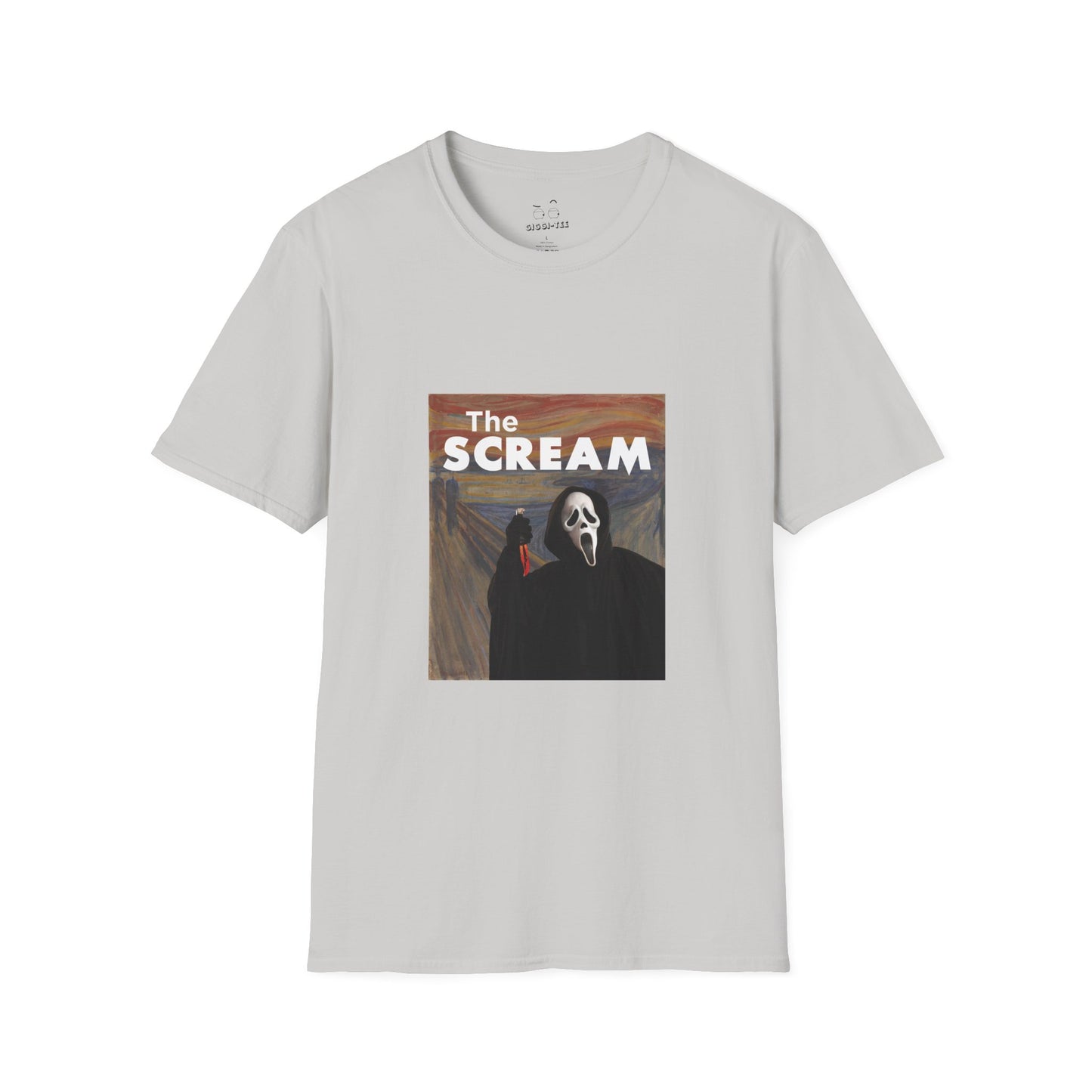 Ghostface holding a bloody knife inside Edvard Munch’s The Scream painting, parody art printed t-shirt.