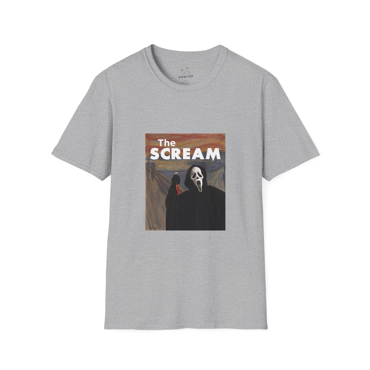 Ghostface holding a bloody knife inside Edvard Munch’s The Scream painting, parody art printed t-shirt.