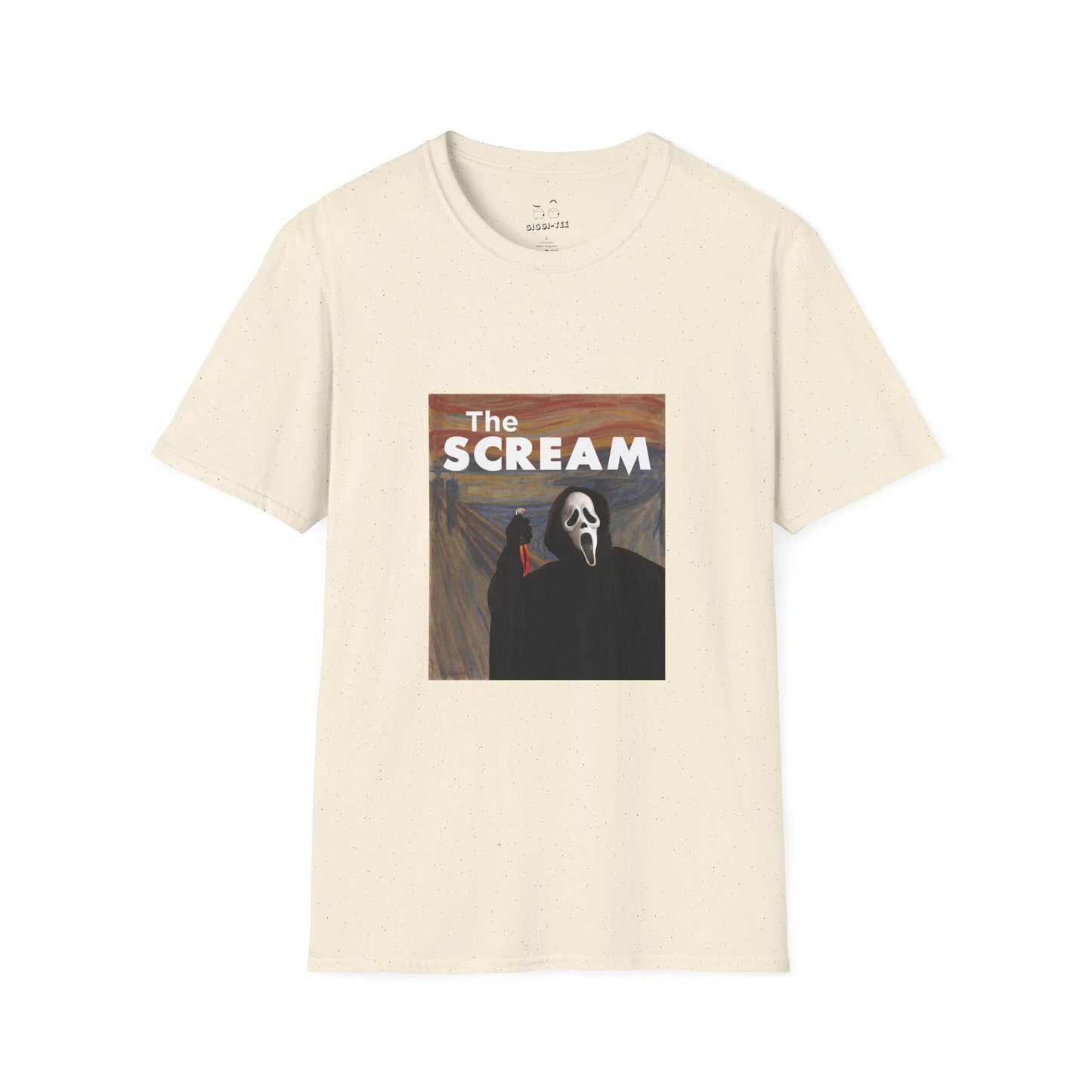 Ghostface holding a bloody knife inside Edvard Munch’s The Scream painting, parody art printed t-shirt.
