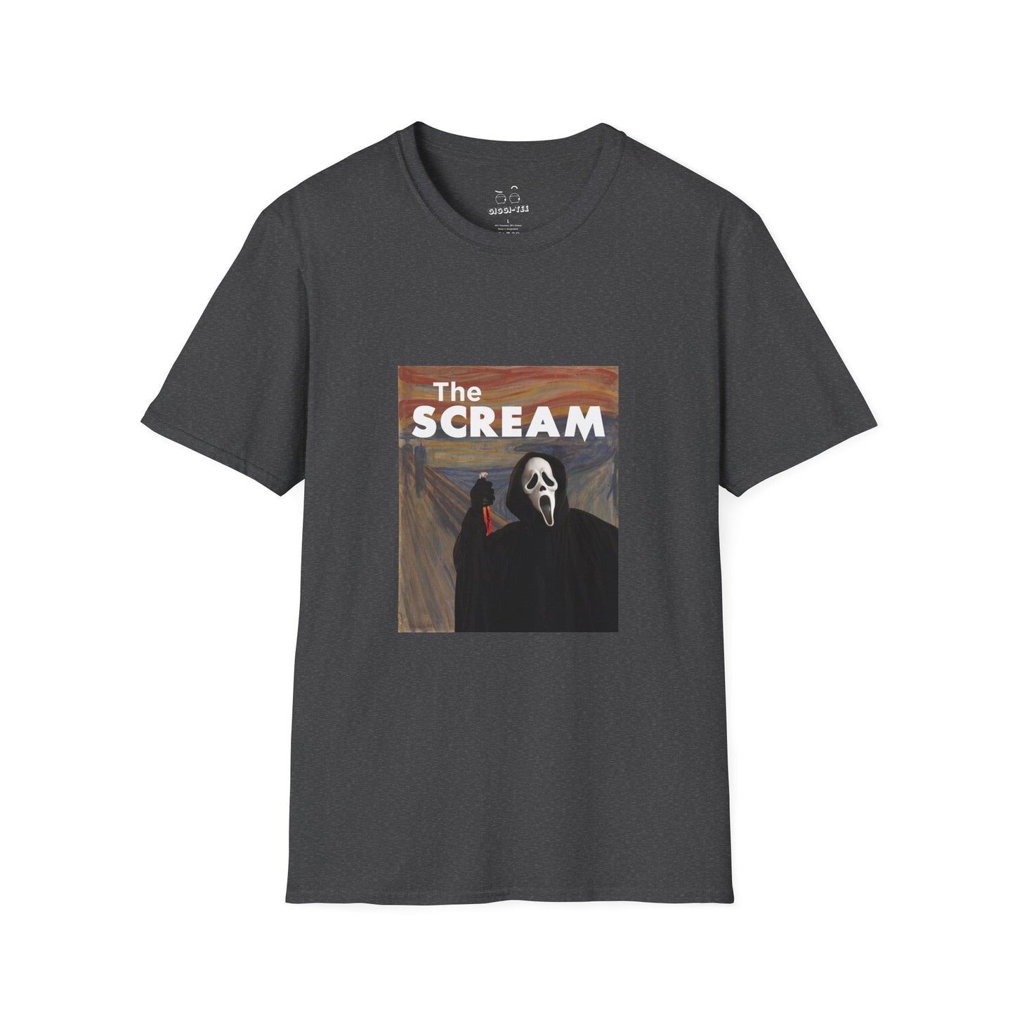 Ghostface holding a bloody knife inside Edvard Munch’s The Scream painting, parody art printed t-shirt.