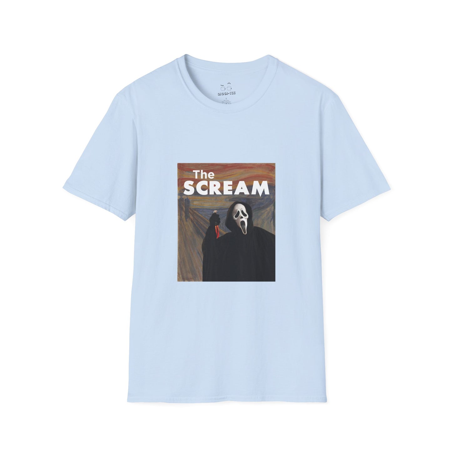 Ghostface holding a bloody knife inside Edvard Munch’s The Scream painting, parody art printed t-shirt.