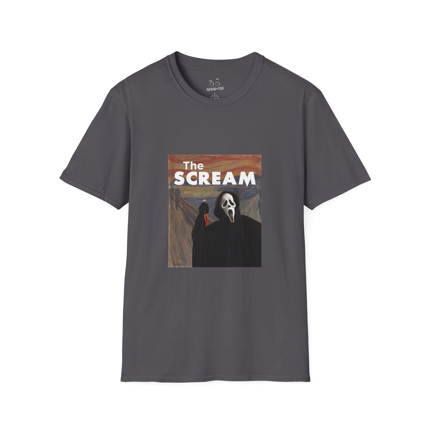 Ghostface holding a bloody knife inside Edvard Munch’s The Scream painting, parody art printed t-shirt.