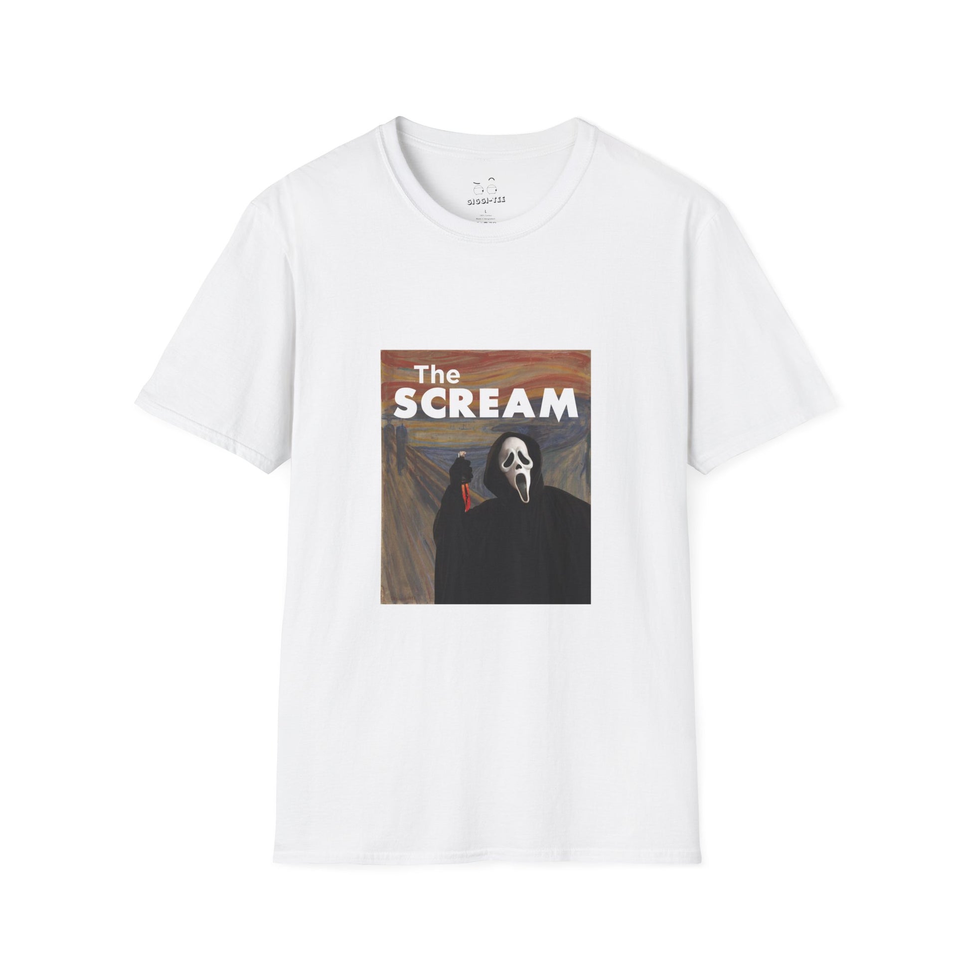 Ghostface holding a bloody knife inside Edvard Munch’s The Scream painting, parody art printed t-shirt.