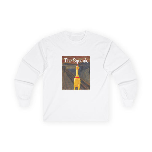 Parody of The Scream painting featuring a squeaky rubber chicken in place of the screaming figure on a t-shirt design.