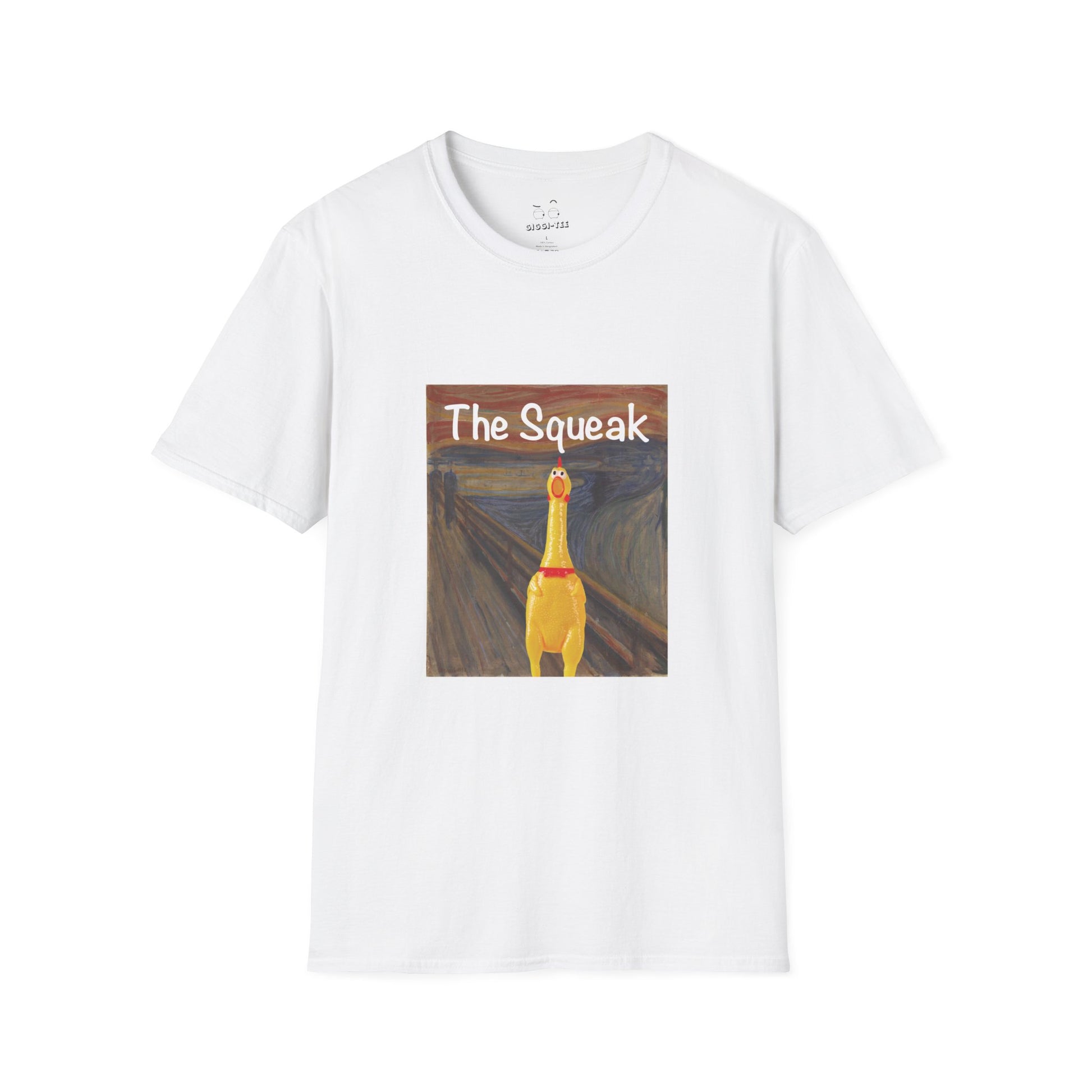 Parody of The Scream painting featuring a squeaky rubber chicken in place of the screaming figure on a t-shirt design.