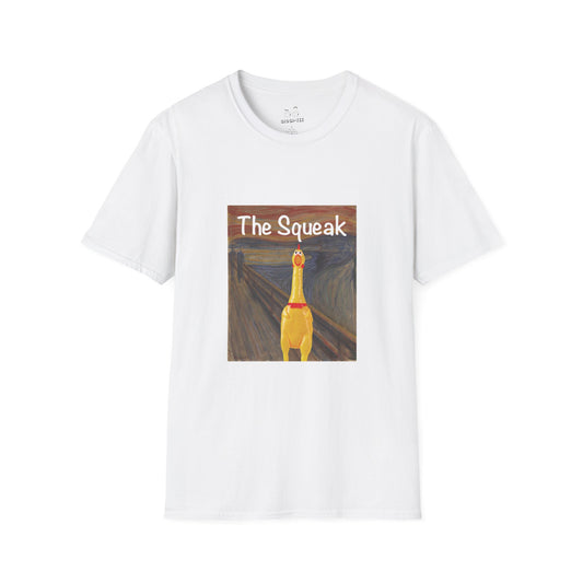 Parody of The Scream painting featuring a squeaky rubber chicken in place of the screaming figure on a t-shirt design.
