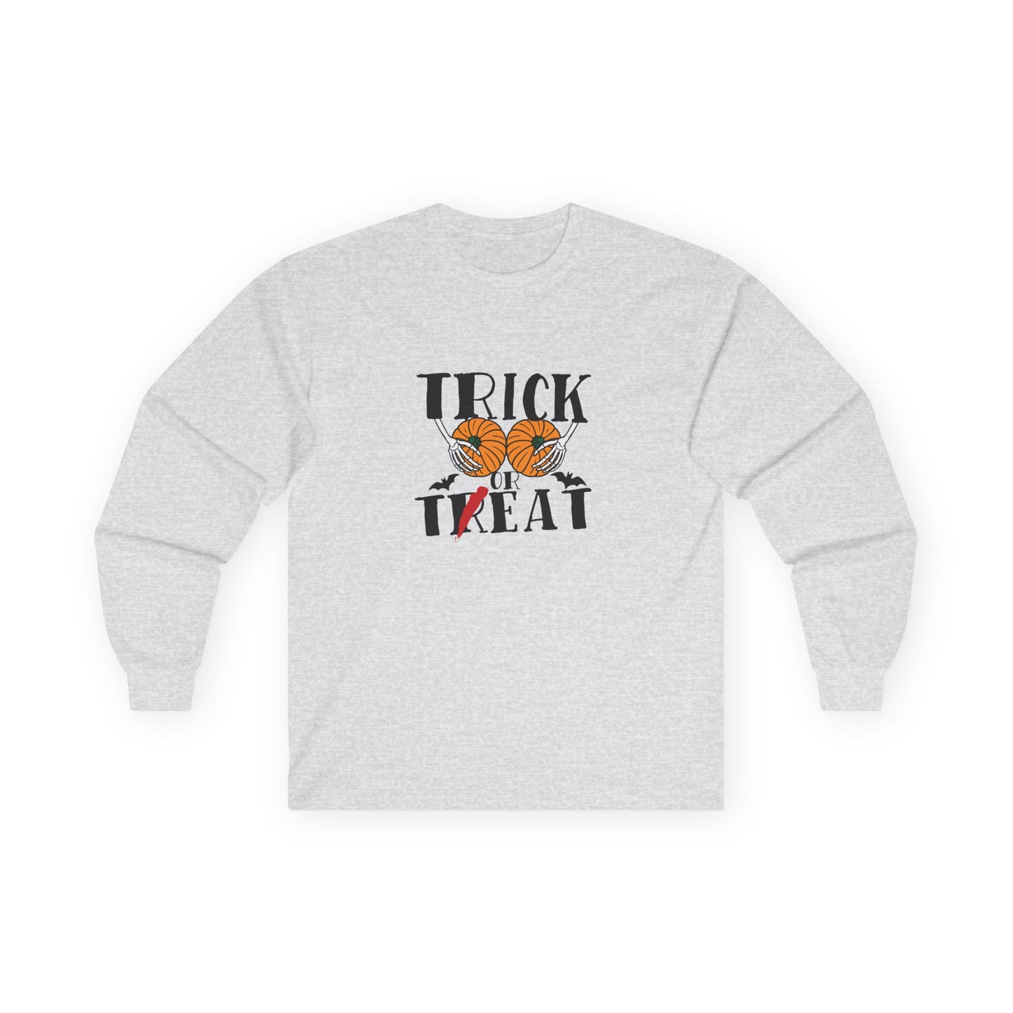Skeleton hands holding two pumpkins like breasts with the text “Trick or Teat”, a funny Halloween pun shirt design.