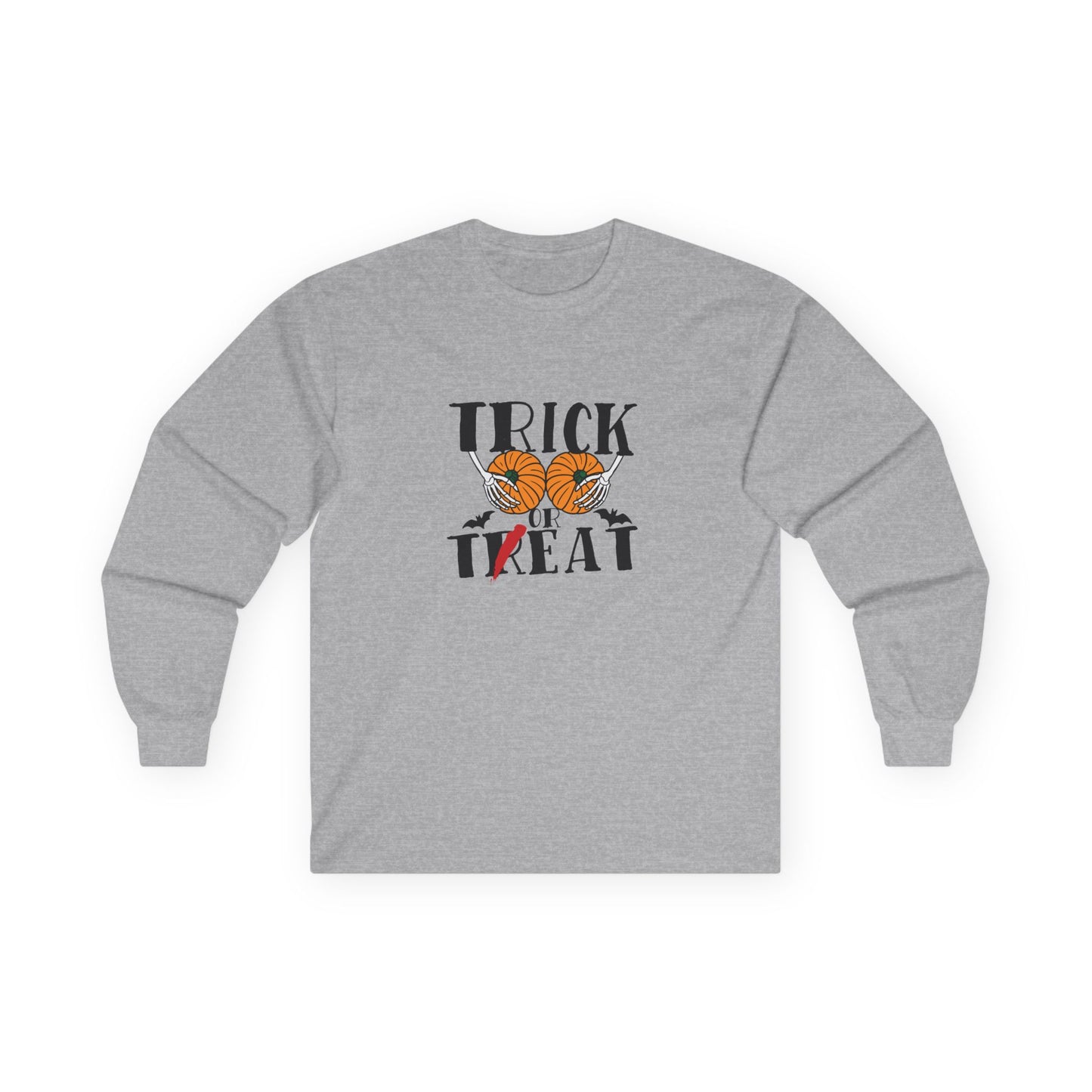 Skeleton hands holding two pumpkins like breasts with the text “Trick or Teat”, a funny Halloween pun shirt design.