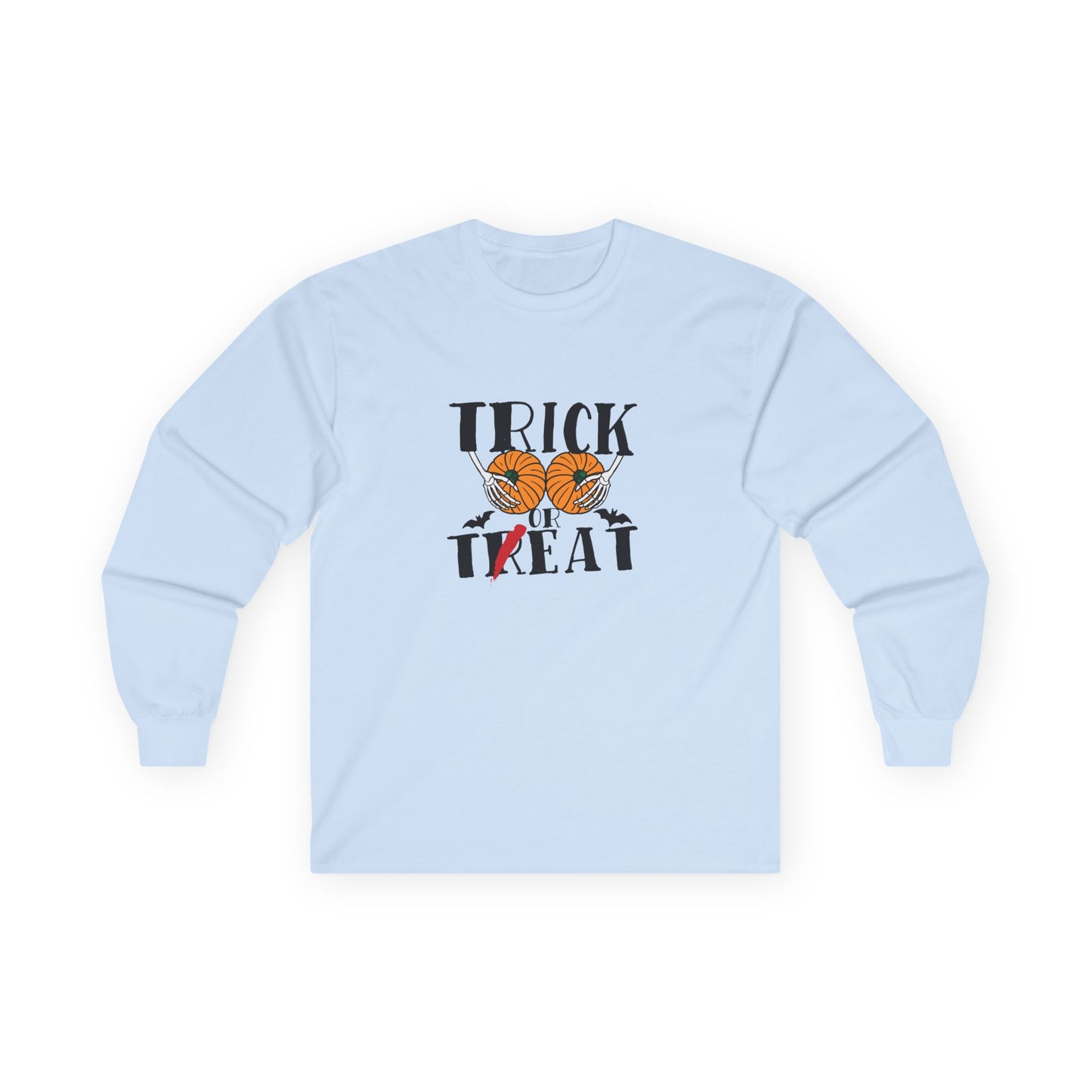 Skeleton hands holding two pumpkins like breasts with the text “Trick or Teat”, a funny Halloween pun shirt design.