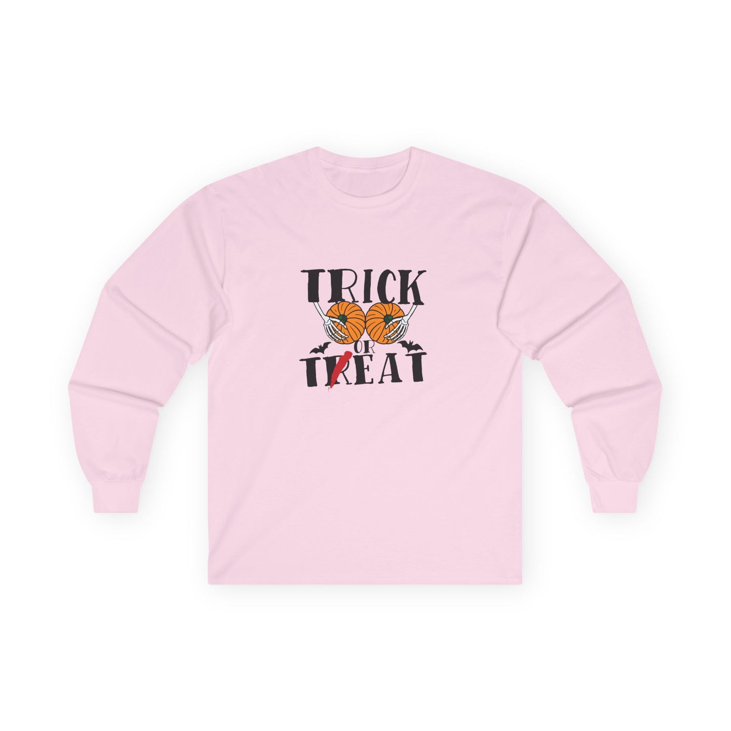 Skeleton hands holding two pumpkins like breasts with the text “Trick or Teat”, a funny Halloween pun shirt design.