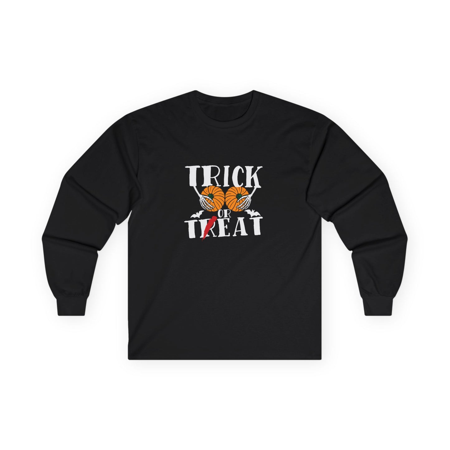 Skeleton hands holding two pumpkins like breasts with the text “Trick or Teat”, a funny Halloween pun shirt design.