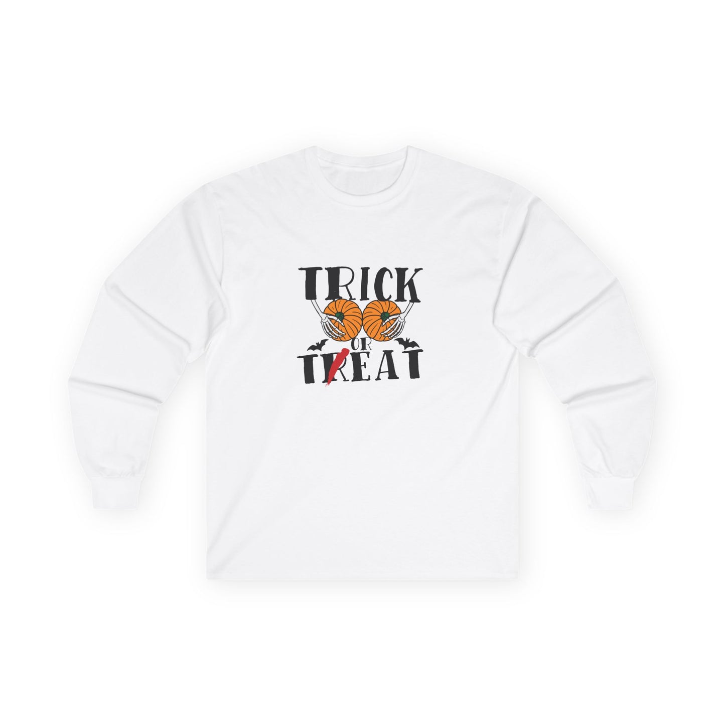 Skeleton hands holding two pumpkins like breasts with the text “Trick or Teat”, a funny Halloween pun shirt design.
