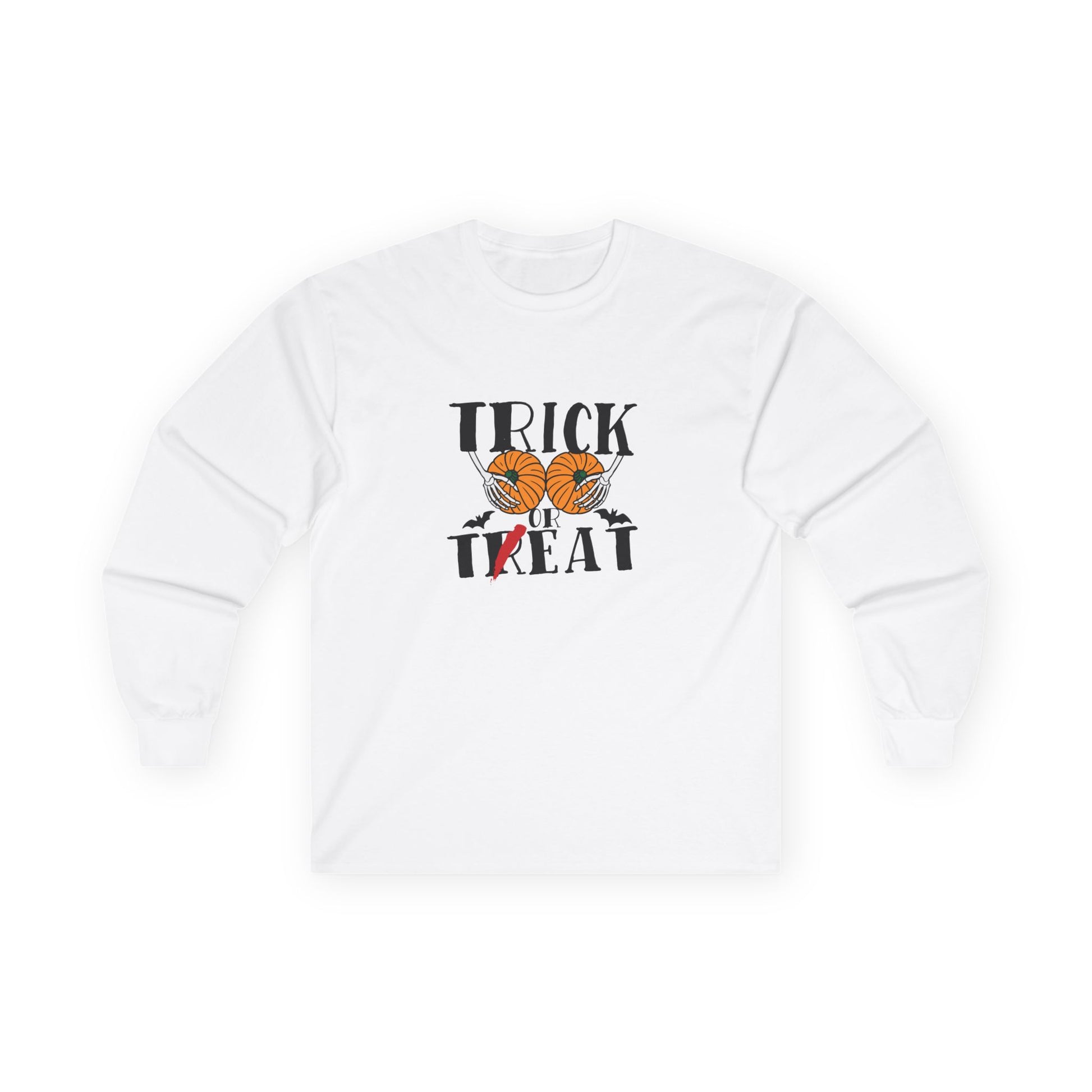 Skeleton hands holding two pumpkins like breasts with the text “Trick or Teat”, a funny Halloween pun shirt design.