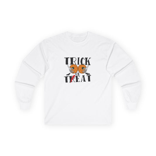 Skeleton hands holding two pumpkins like breasts with the text “Trick or Teat”, a funny Halloween pun shirt design.
