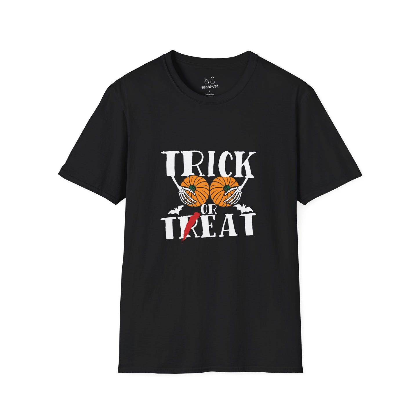 Skeleton hands holding two pumpkins like breasts with the text “Trick or Teat”, a funny Halloween pun shirt design.