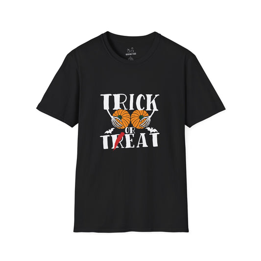 Skeleton hands holding two pumpkins like breasts with the text “Trick or Teat”, a funny Halloween pun shirt design.