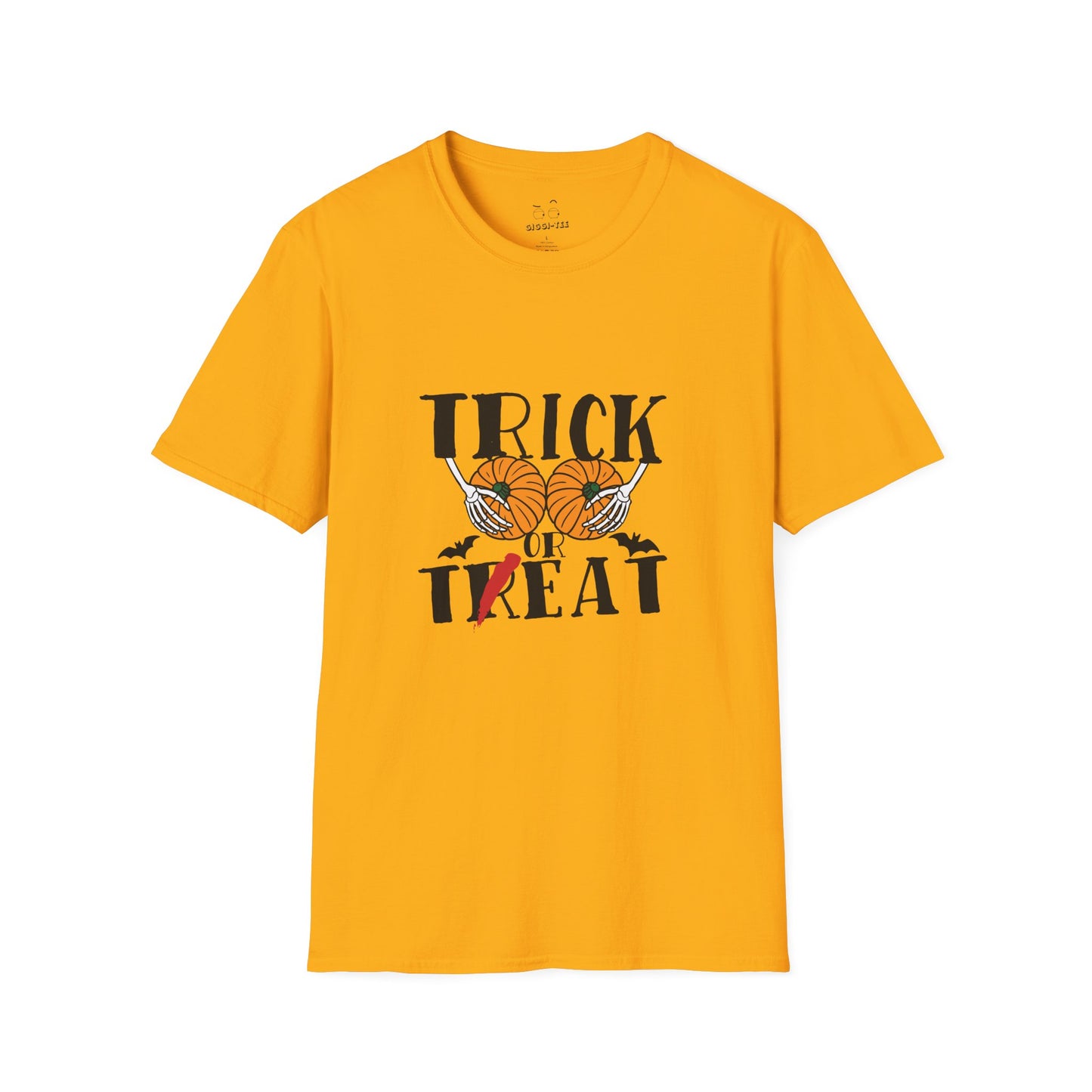Skeleton hands holding two pumpkins like breasts with the text “Trick or Teat”, a funny Halloween pun shirt design.