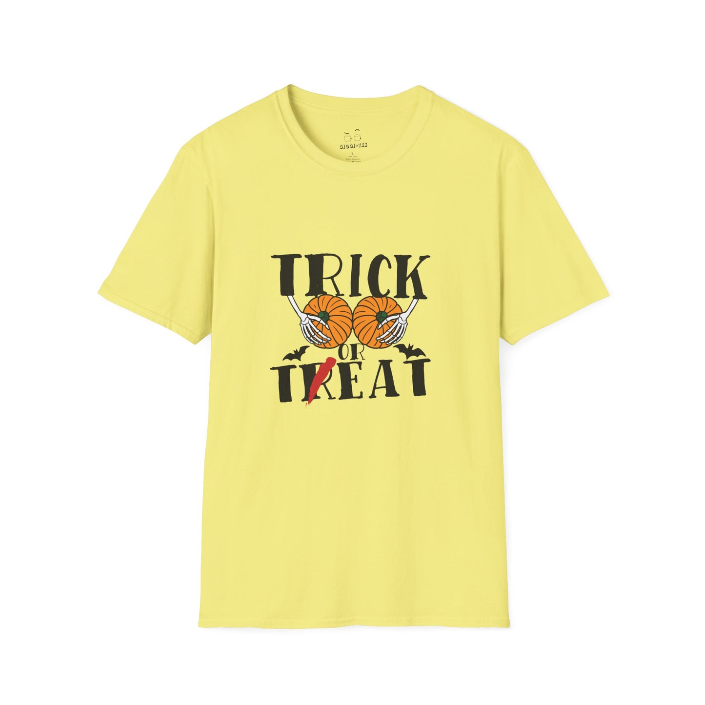Skeleton hands holding two pumpkins like breasts with the text “Trick or Teat”, a funny Halloween pun shirt design.