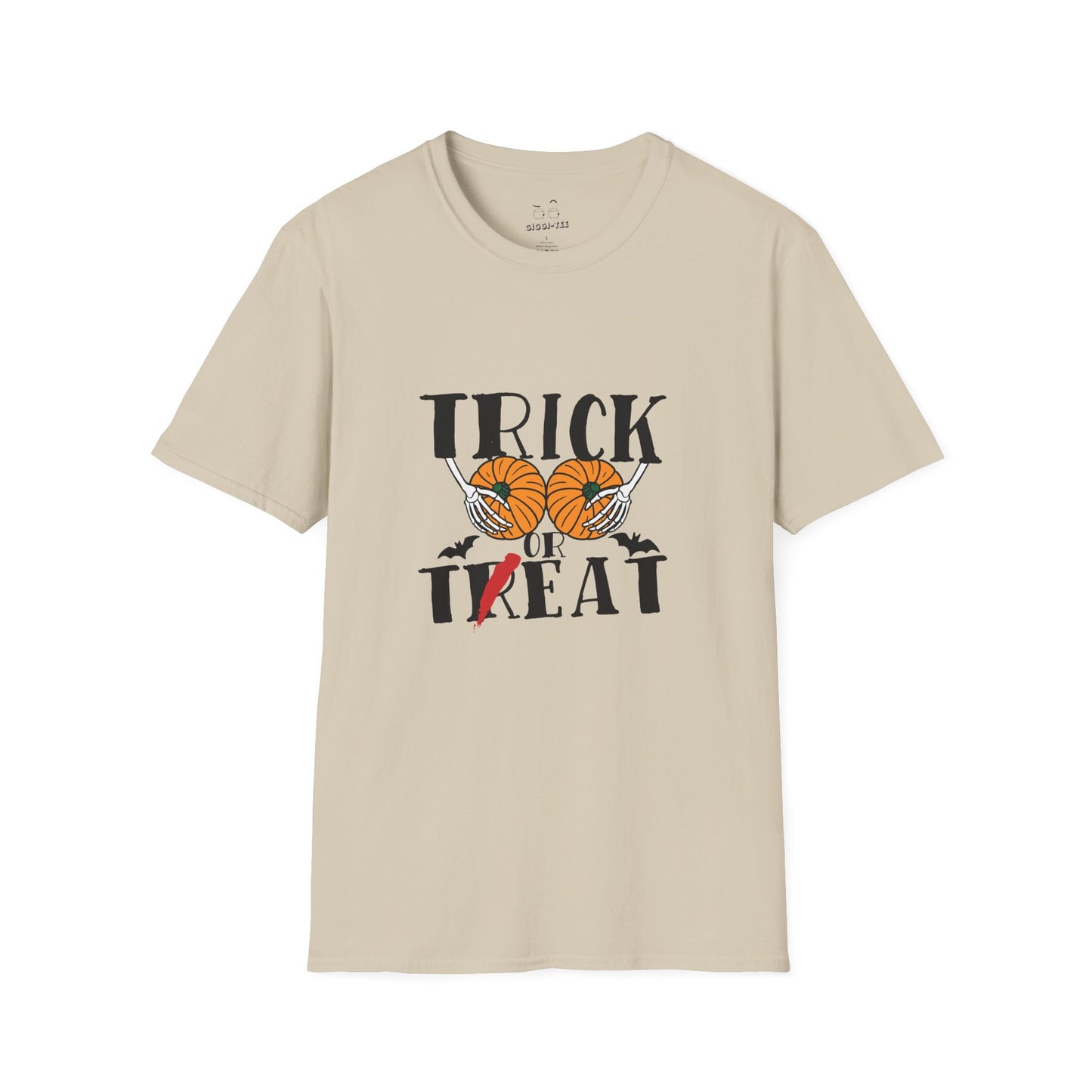 Skeleton hands holding two pumpkins like breasts with the text “Trick or Teat”, a funny Halloween pun shirt design.