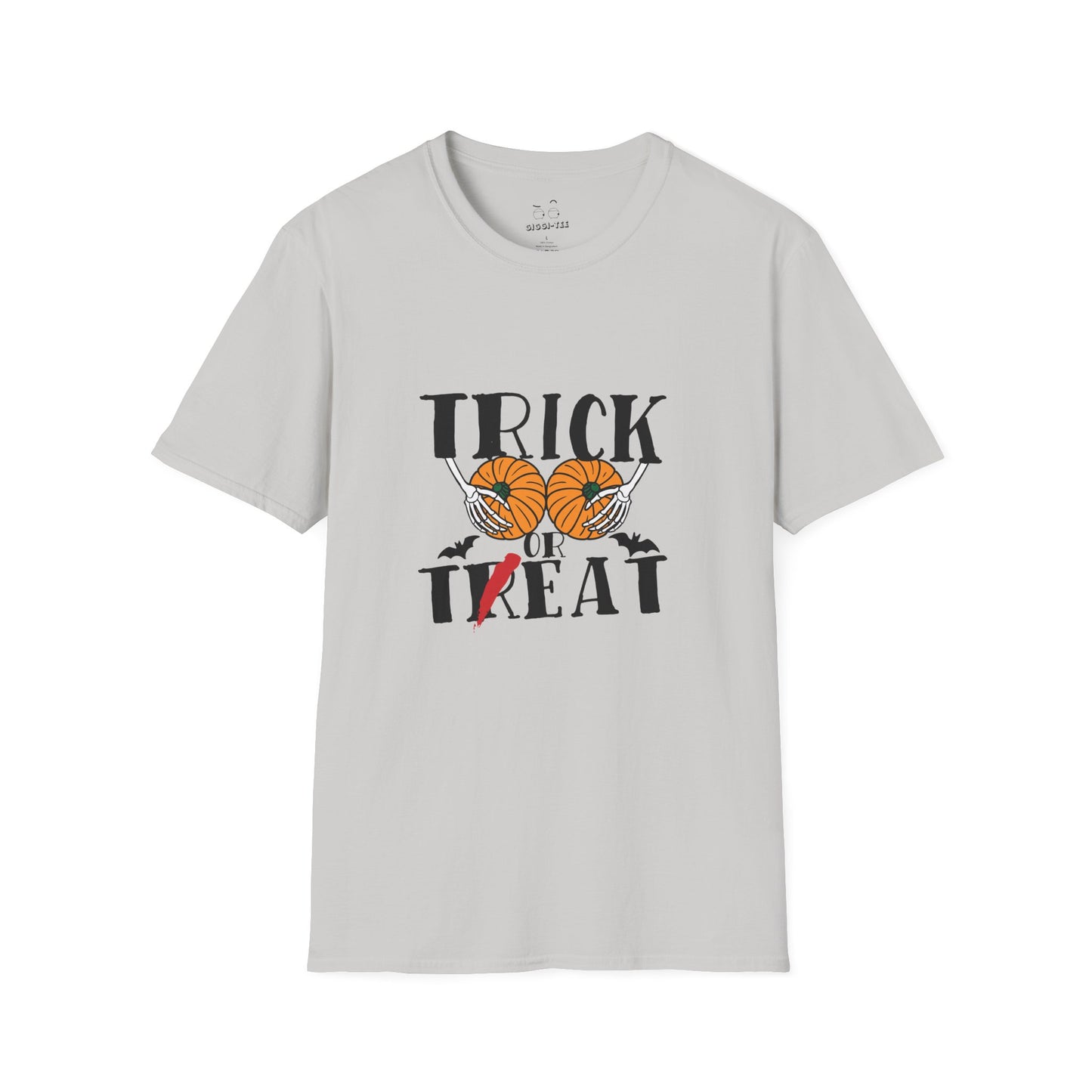 Skeleton hands holding two pumpkins like breasts with the text “Trick or Teat”, a funny Halloween pun shirt design.