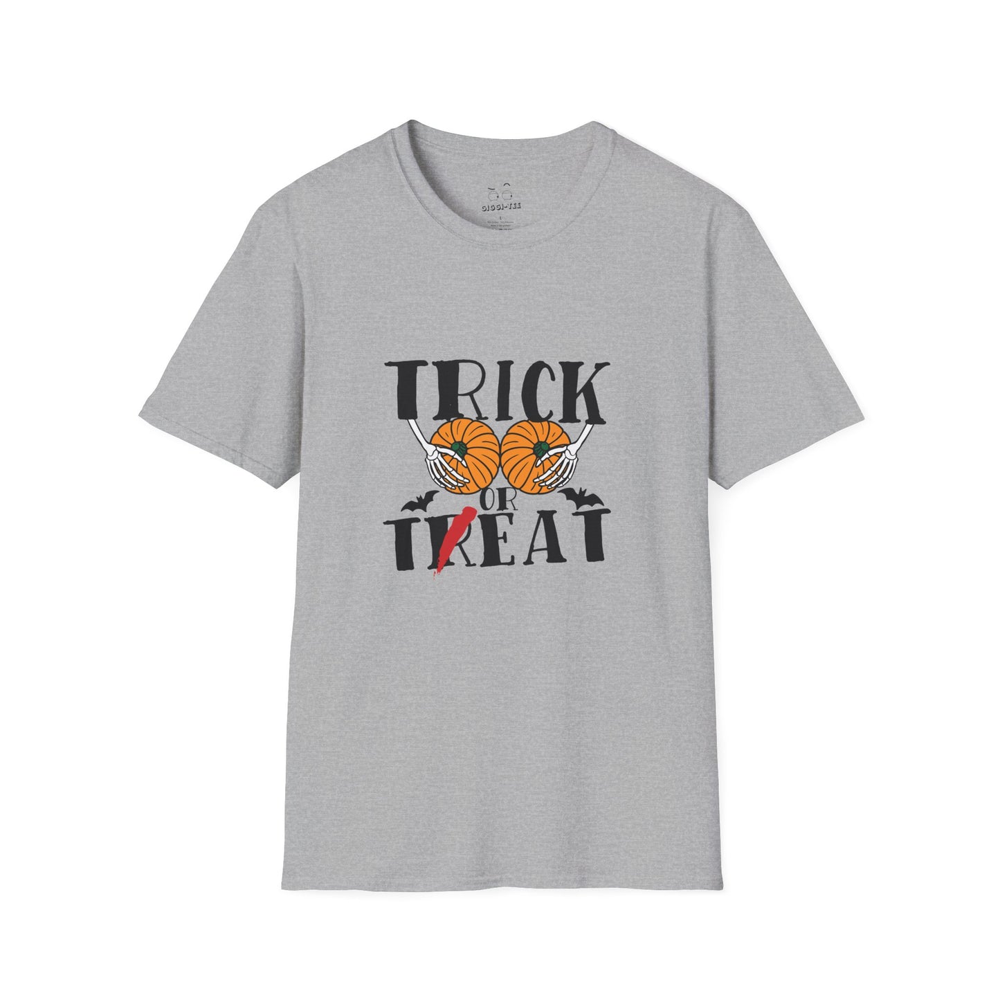 Skeleton hands holding two pumpkins like breasts with the text “Trick or Teat”, a funny Halloween pun shirt design.