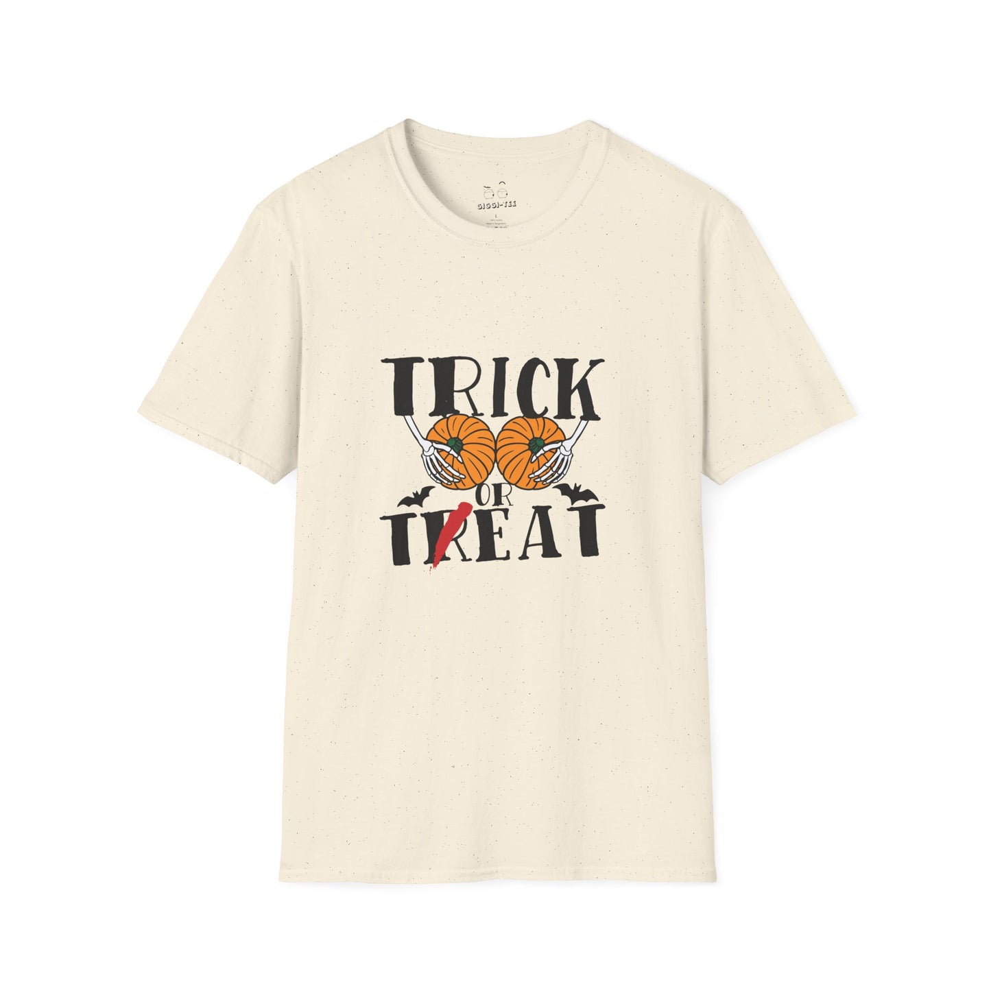 Skeleton hands holding two pumpkins like breasts with the text “Trick or Teat”, a funny Halloween pun shirt design.