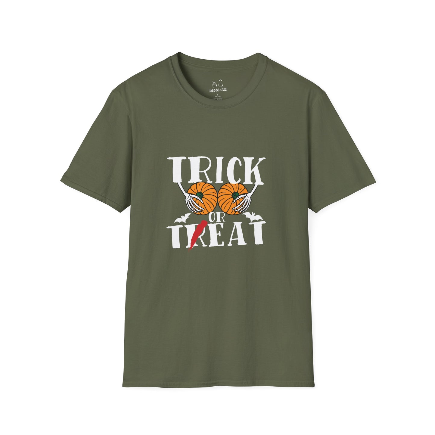 Skeleton hands holding two pumpkins like breasts with the text “Trick or Teat”, a funny Halloween pun shirt design.