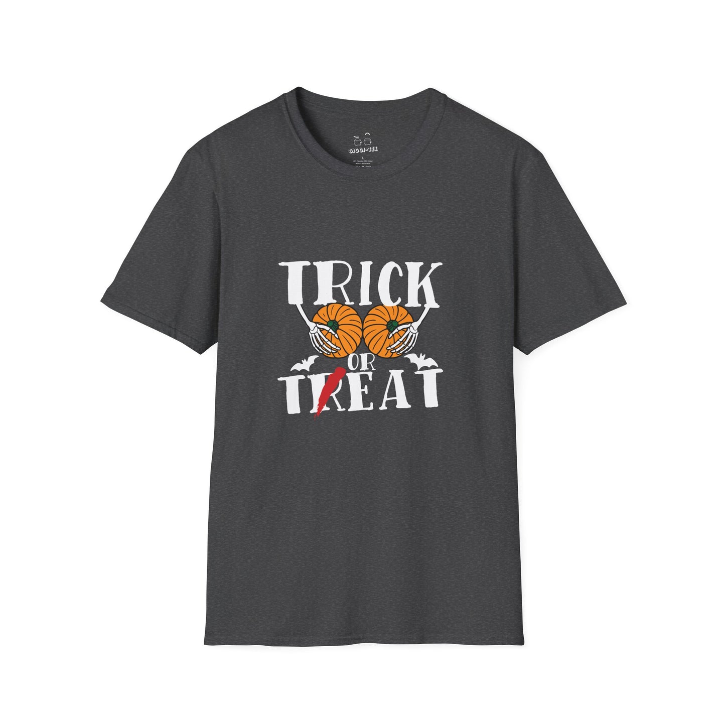Skeleton hands holding two pumpkins like breasts with the text “Trick or Teat”, a funny Halloween pun shirt design.