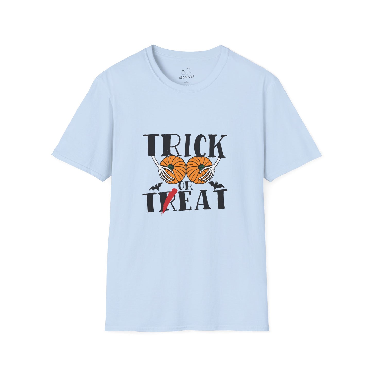 Skeleton hands holding two pumpkins like breasts with the text “Trick or Teat”, a funny Halloween pun shirt design.