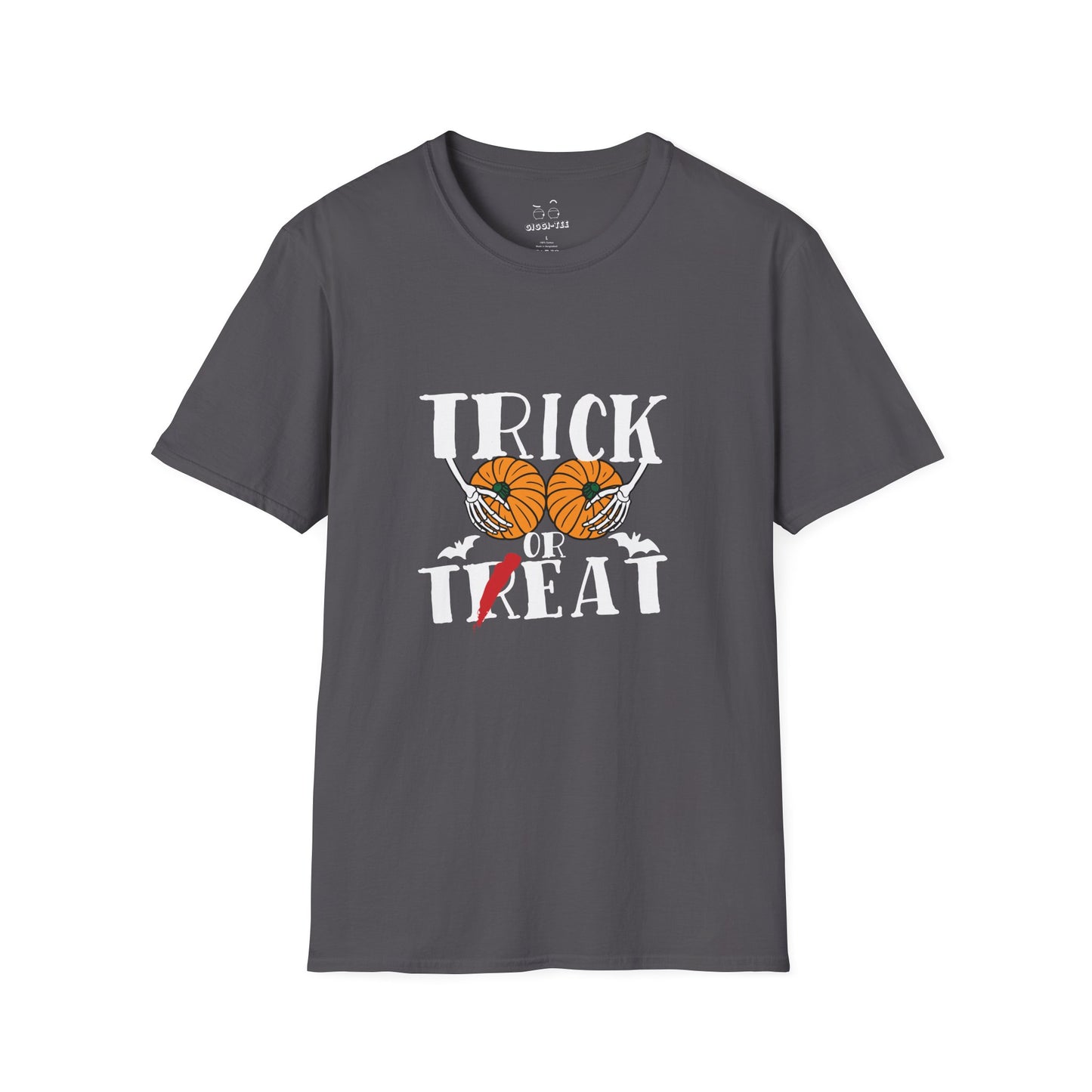 Skeleton hands holding two pumpkins like breasts with the text “Trick or Teat”, a funny Halloween pun shirt design.
