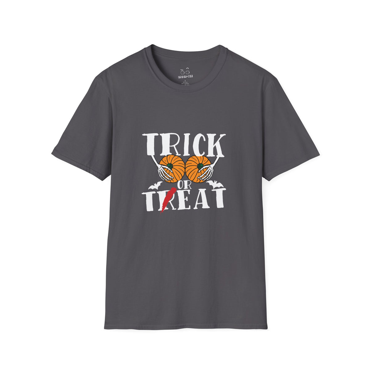Skeleton hands holding two pumpkins like breasts with the text “Trick or Teat”, a funny Halloween pun shirt design.