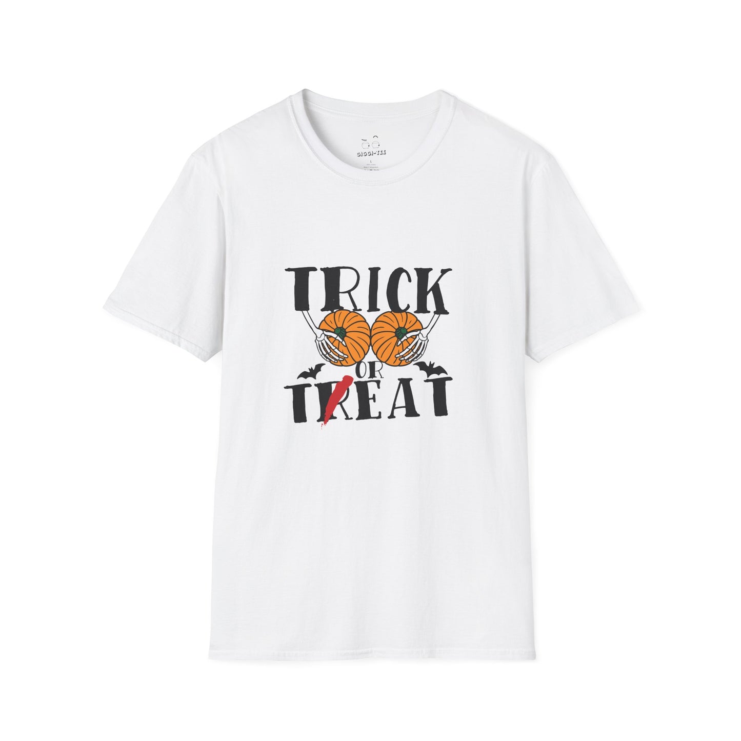 Skeleton hands holding two pumpkins like breasts with the text “Trick or Teat”, a funny Halloween pun shirt design.
