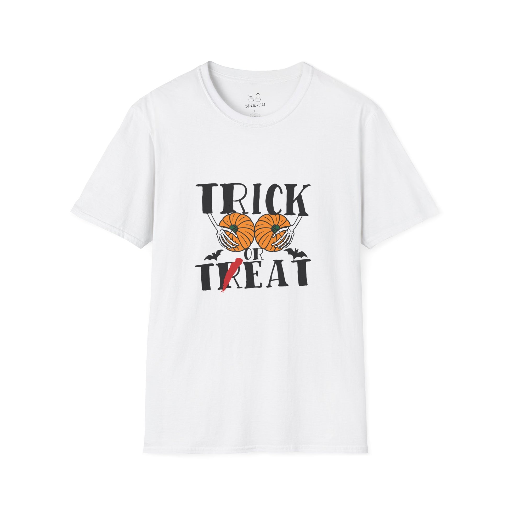 Skeleton hands holding two pumpkins like breasts with the text “Trick or Teat”, a funny Halloween pun shirt design.