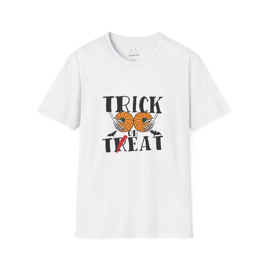 Skeleton hands holding two pumpkins like breasts with the text “Trick or Teat”, a funny Halloween pun shirt design.