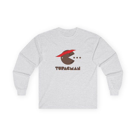 Tupacman t-shirt parody of Pac-Man as Tupac Shakur with red bandana, beard, and earring, funny rapper mashup shirt.
