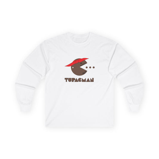 Tupacman t-shirt parody of Pac-Man as Tupac Shakur with red bandana, beard, and earring, funny rapper mashup shirt.