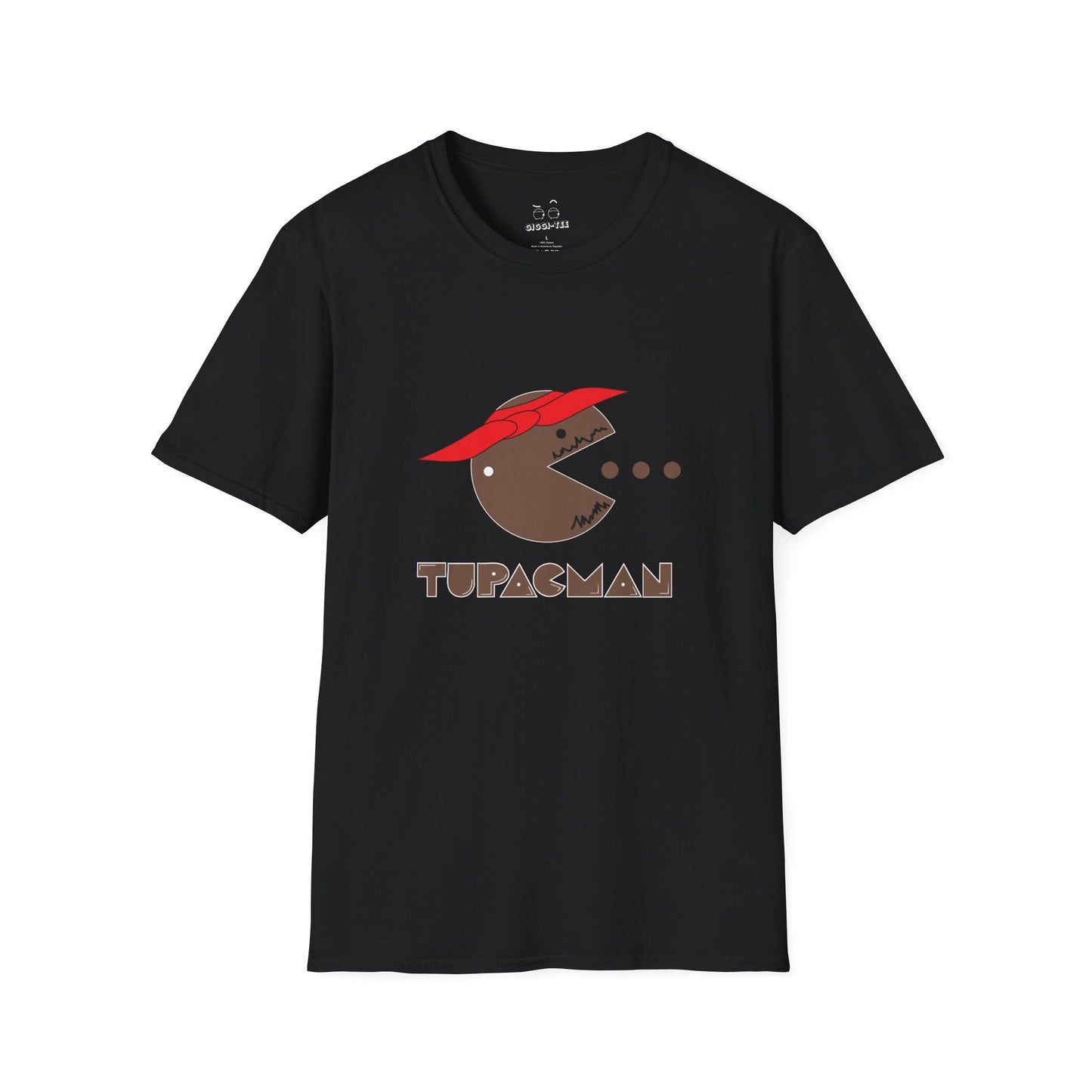 Tupacman t-shirt parody of Pac-Man as Tupac Shakur with red bandana, beard, and earring, funny rapper mashup shirt.